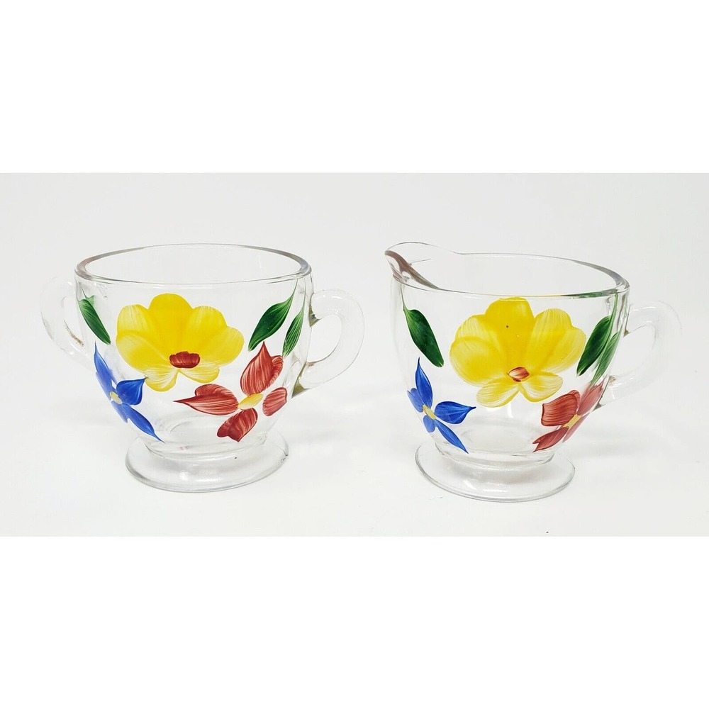 Vintage Barlett Collins Hand Painted Floral Clear Glass Creamer and Sugar Bowl